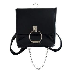 Killstar Black O-Ring Zipper Backpack Silver Chain 100% PU Faux Patent Leather